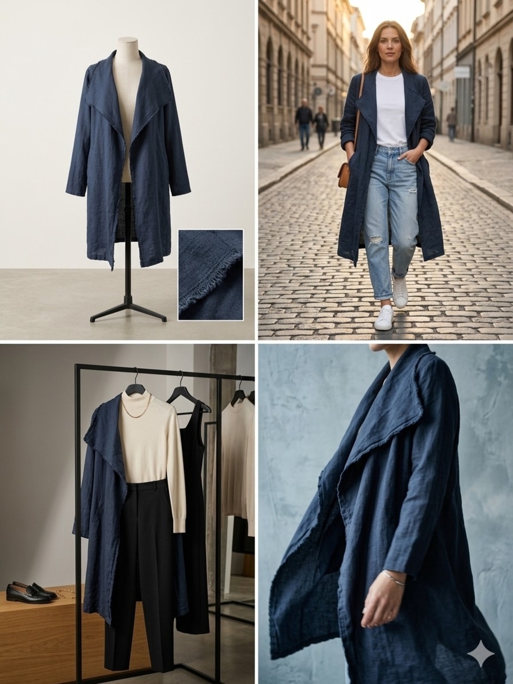 Navy Open-Front Linen Duster Coat
